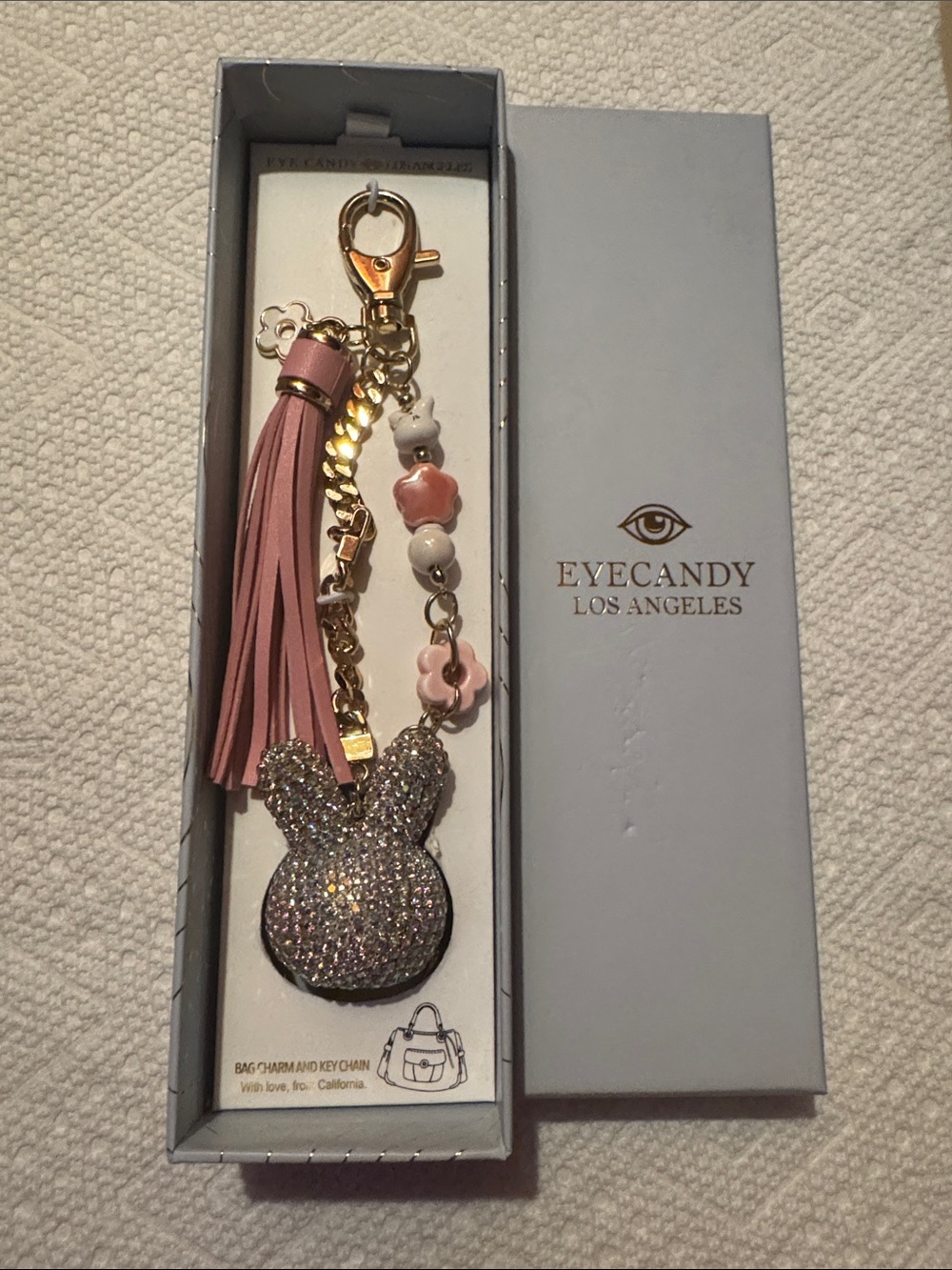 EyeCandy Pink Crystal Bunny Tassel Keychain